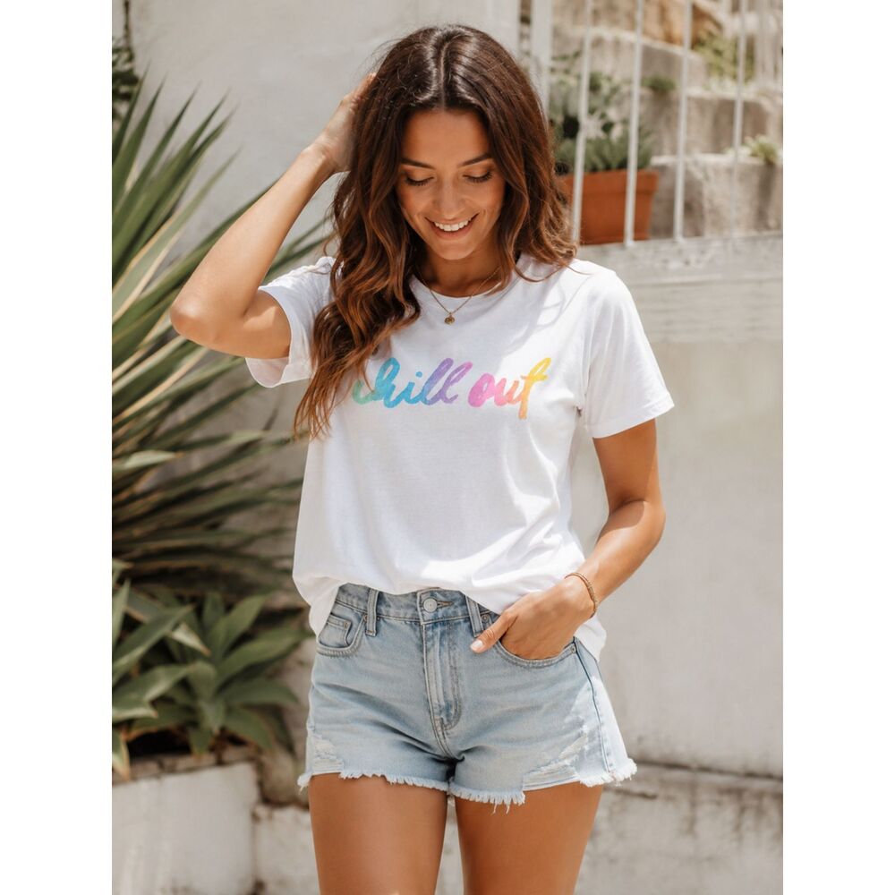 White "chill out" Graphic Tee with Pastel Ombre Script Chaser NWT Punk Y2K